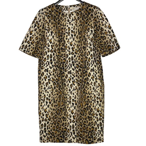 Carolina Herrera Animal Print Leopard Sheath Dress Stretch Sz 16 Made in Italy - Picture 1 of 7